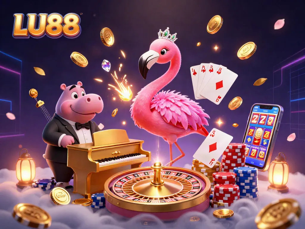 LU88 showcases vibrant casino fun with a flamboyant flamingo singer and cool hippo bassist.