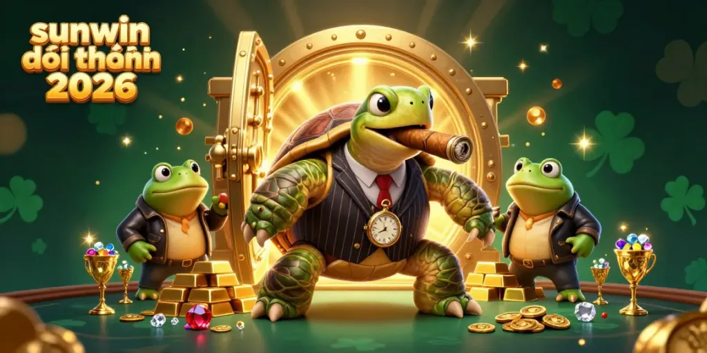 Experience the excitement of sunwin đổi thưởng 2026 with a vibrant casino-themed illustration featuring a snapping turtle mobster.