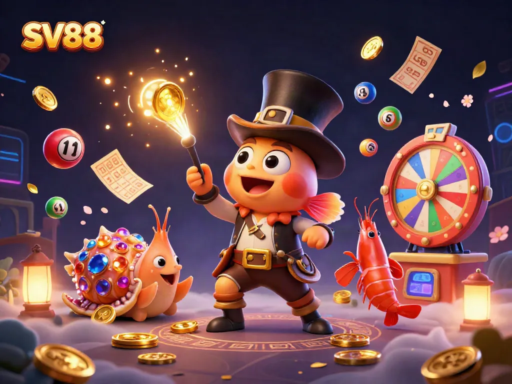 Engage with the thrilling SV88 casino scene featuring vibrant lottery elements and dynamic characters.
