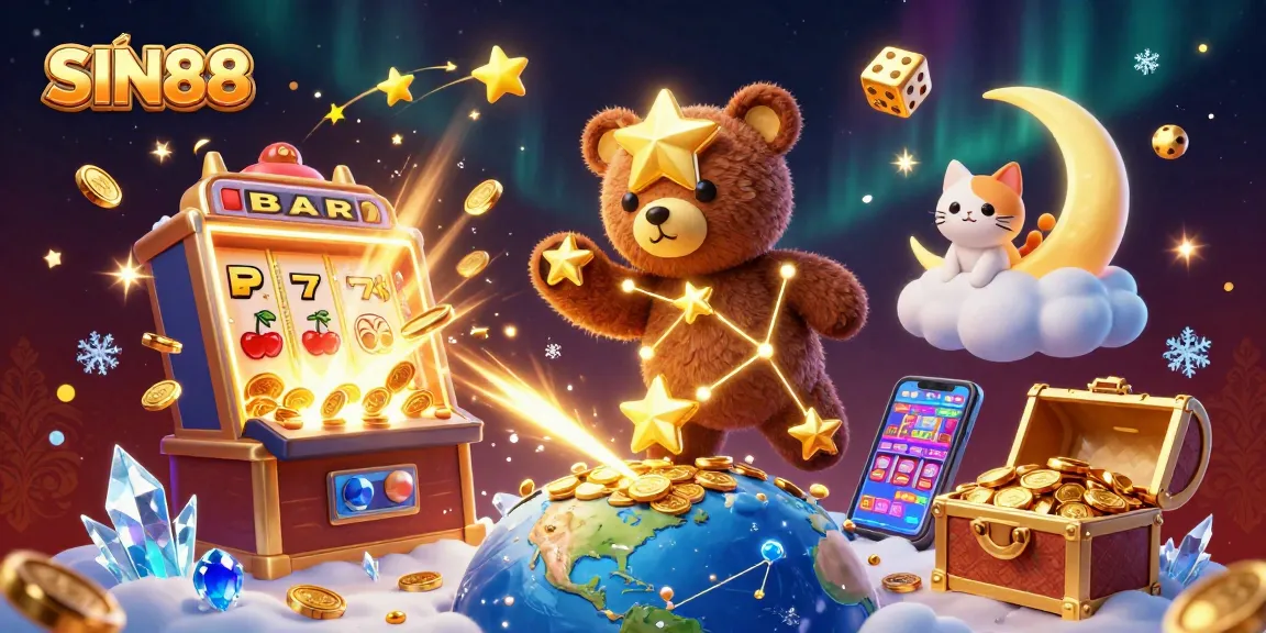 Scooping coins from Earth, the SIN88 constellation bear shines among vibrant casino elements.
