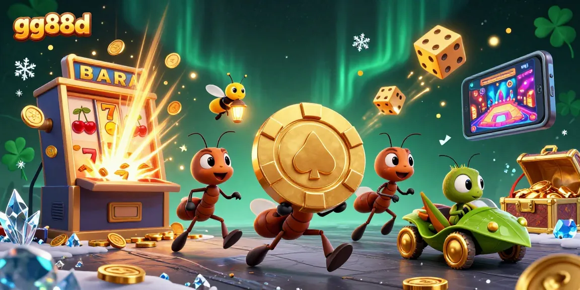 Engage in the excitement of gg88d with cartoon ants stealing a giant poker chip amidst dynamic casino elements.
