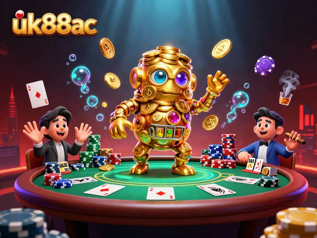Engage with the dynamic scene of uk88ac showcasing an ancient golden golem amidst a rich poker environment.