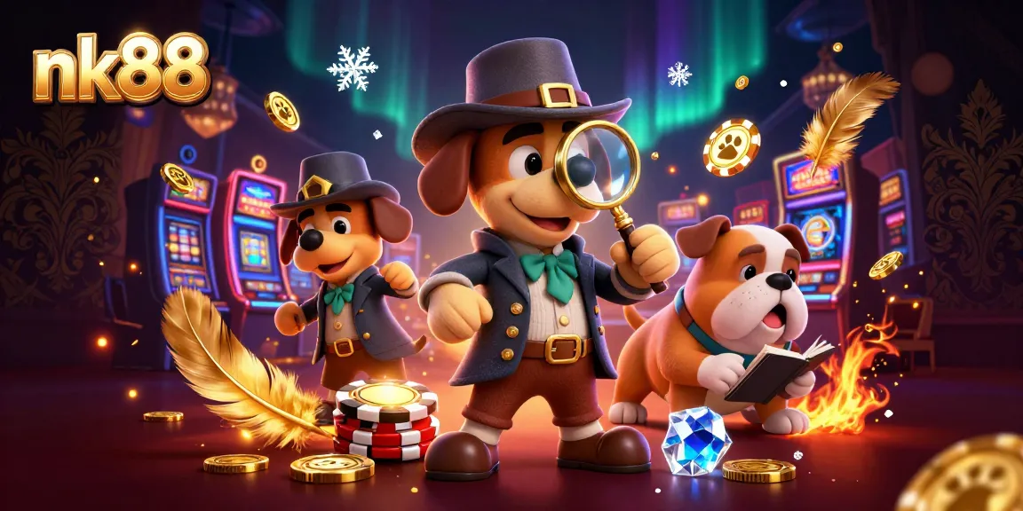 Enjoy the excitement at nk88 with the detective and dog uncovering a golden poker chip clue in a vibrant casino setting.