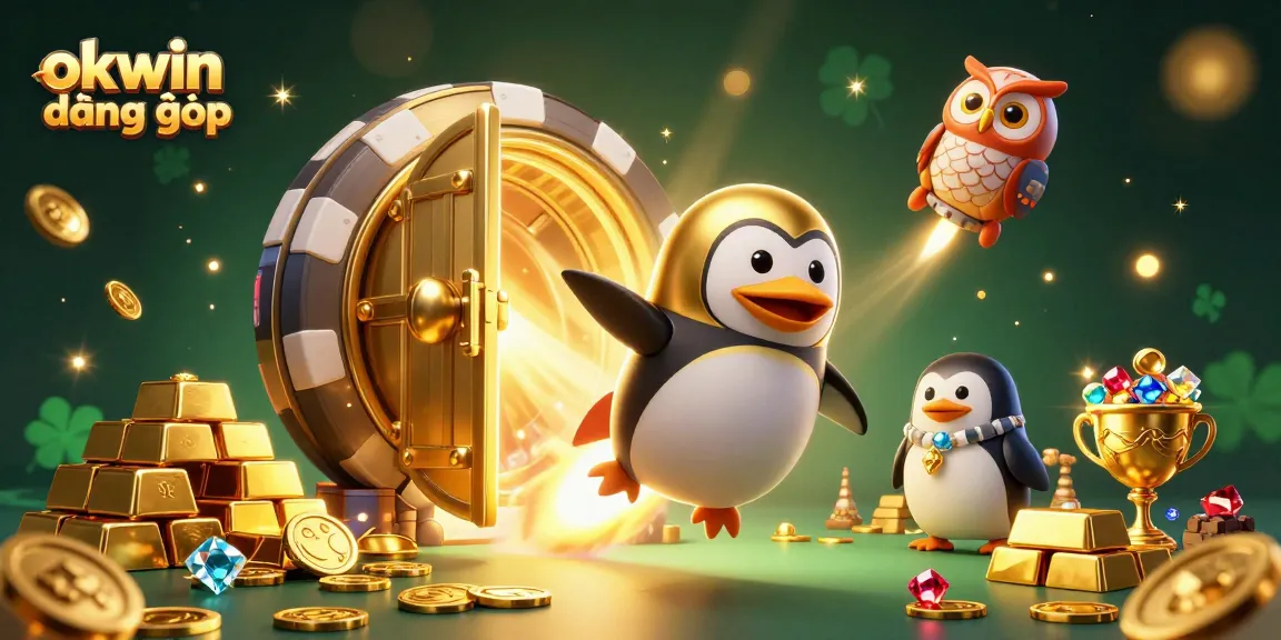 Spin into fun with okwin đăng nhập as the golden penguin heads to a casino adventure!