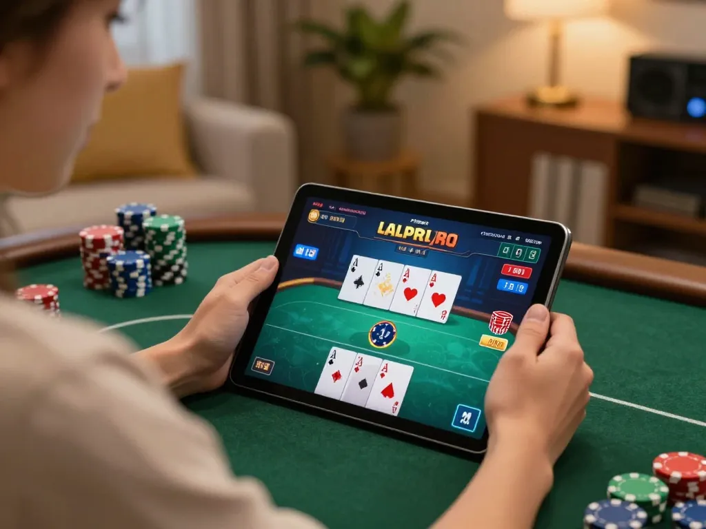 Topclub online poker gameplay with player engaged on tablet, showcasing strategic betting and casual atmosphere.