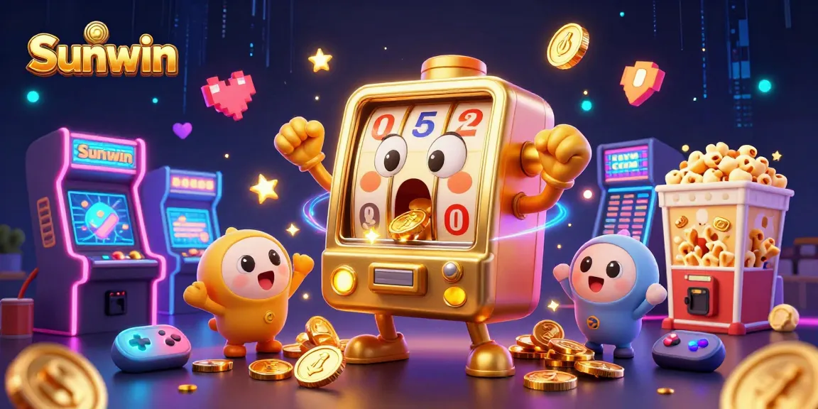 Sunwin celebrates casino excitement with a joyous golden slot machine and vibrant game elements.