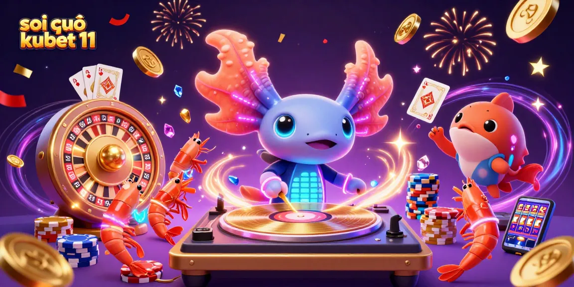 Soi cầu kubet 11 illustration with an axolotl DJ and vibrant casino elements.