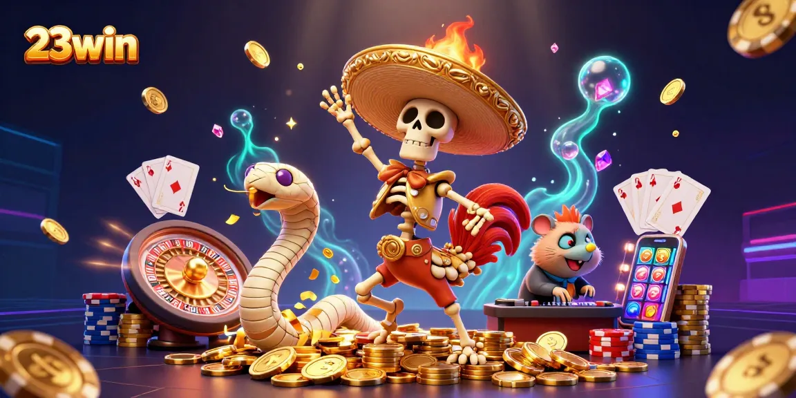 Experience the excitement of 23win with vibrant characters and thrilling game elements in a dynamic casino scene.