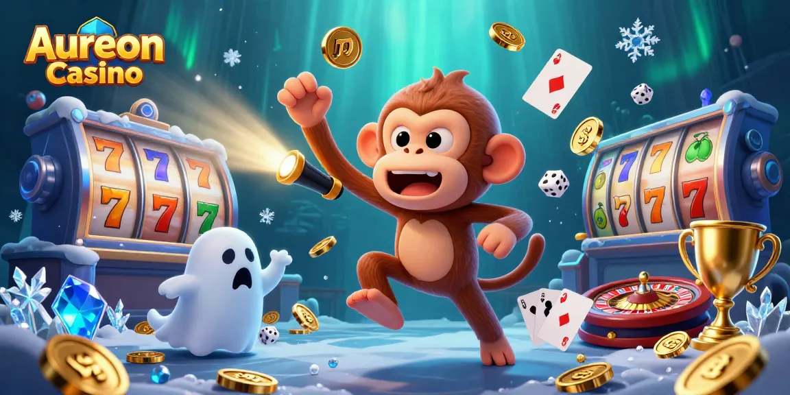 Aureon Casino entertains with a mischievous monkey and ghost-hunter puppy in a vibrant casino scene.