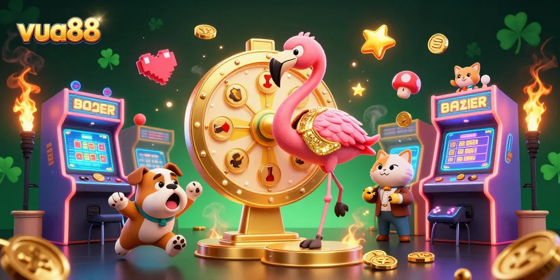 Experience the excitement of vua88 with a vibrant 3D game show scene featuring dynamic characters and casino elements.