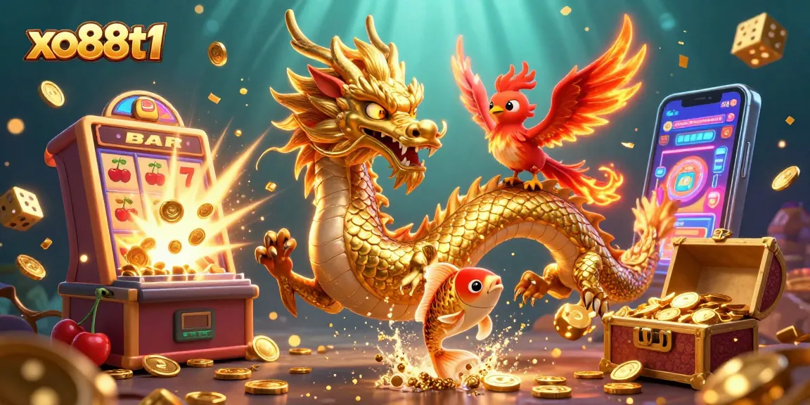 Experience the thrill of gaming at xo88t1 with a vibrant 3D illustration of a golden dragon and lucky koi fish.