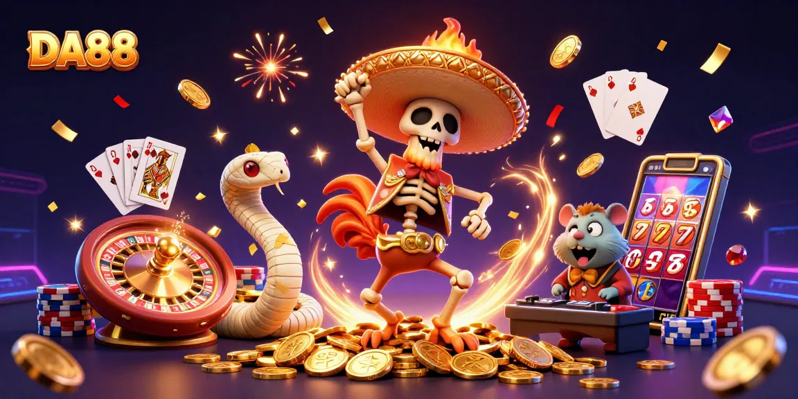 DA88 showcases vibrant casino excitement with a celebratory scene of gaming and winnings.