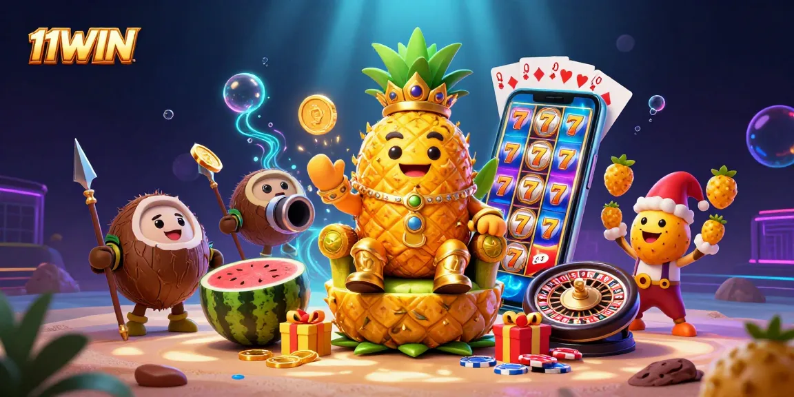 Engage with 11WIN's vibrant casino world featuring a golden pineapple king and dynamic gaming elements.
