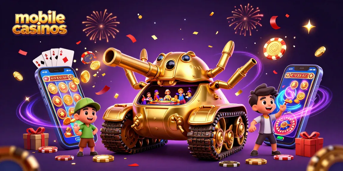 Engage with mobile casinos featuring a dynamic scene of a golden beetle tank casino amid games and prizes.