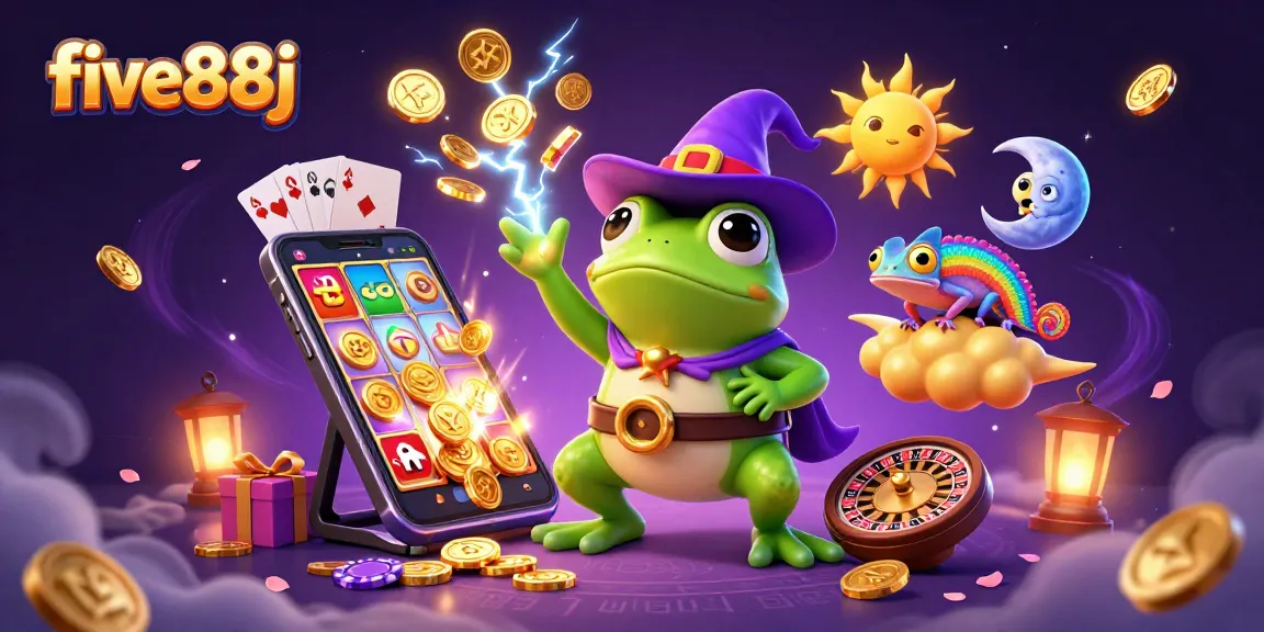 Engage with five88j as the wizard frog conjures gold coins, revealing vibrant slot games and rich casino elements.